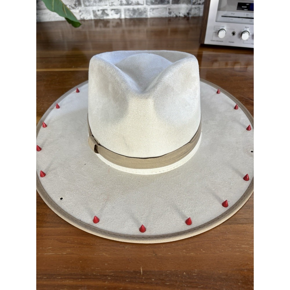 Summit Hats Cream Suede Fedora Wide Brim Spiked Cone Studs Feather Festival Sz L - Picture 2 of 11
